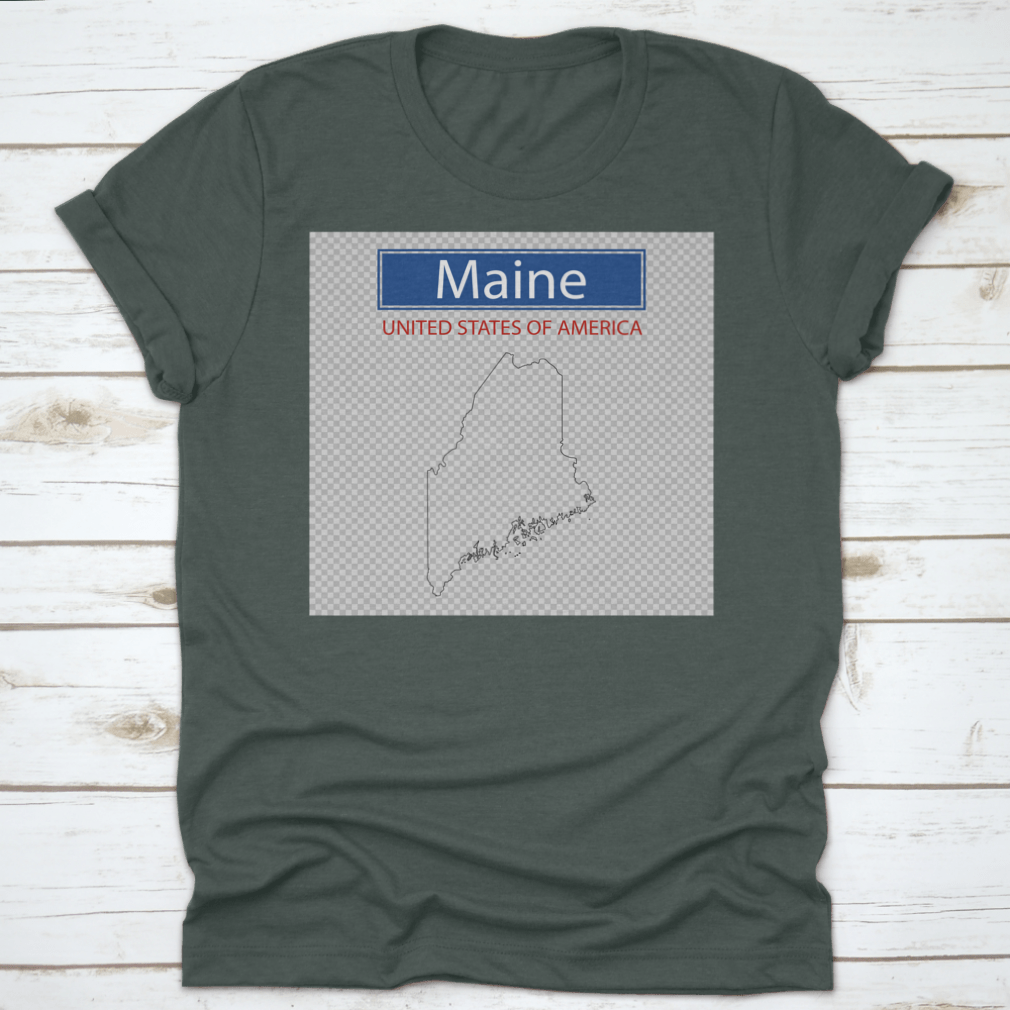 A comfortable t-shirt featuring an outline map of the state of Maine, showcasing its unique shape and geographical features.